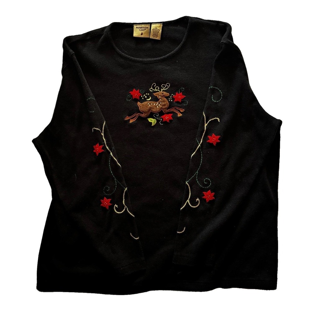 Vintage Christmas Mountain Lake Womens XL Embroidered Reindeer Sweater